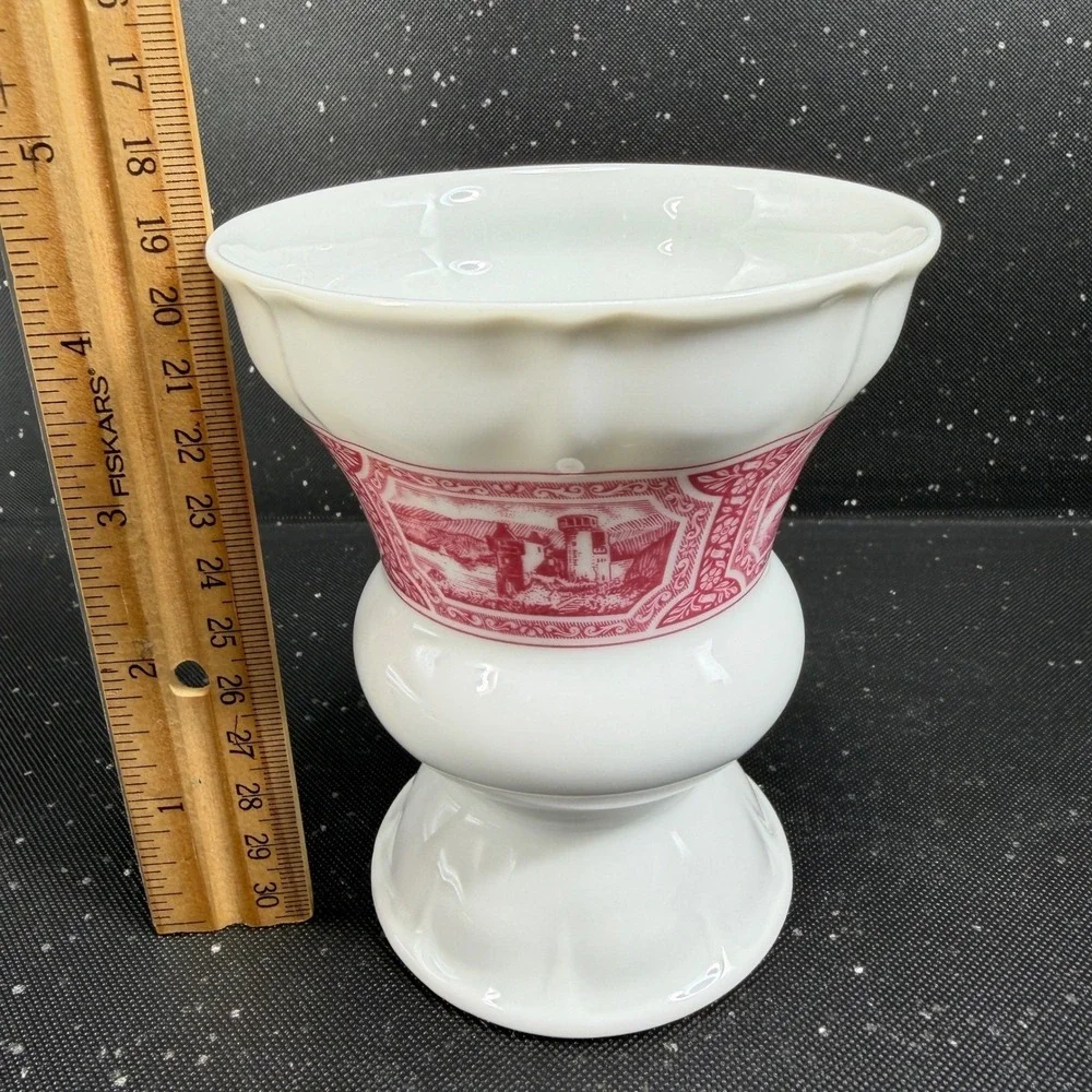 Heinrich Germany Porcelain Vase Pink White Scenic Transferware Castle 4.5Inch